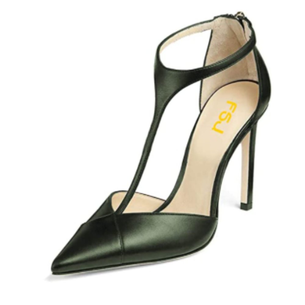 FSJ Green T Strap Stilettos High Heels Pointed Closed Toe Back Zipper Pump